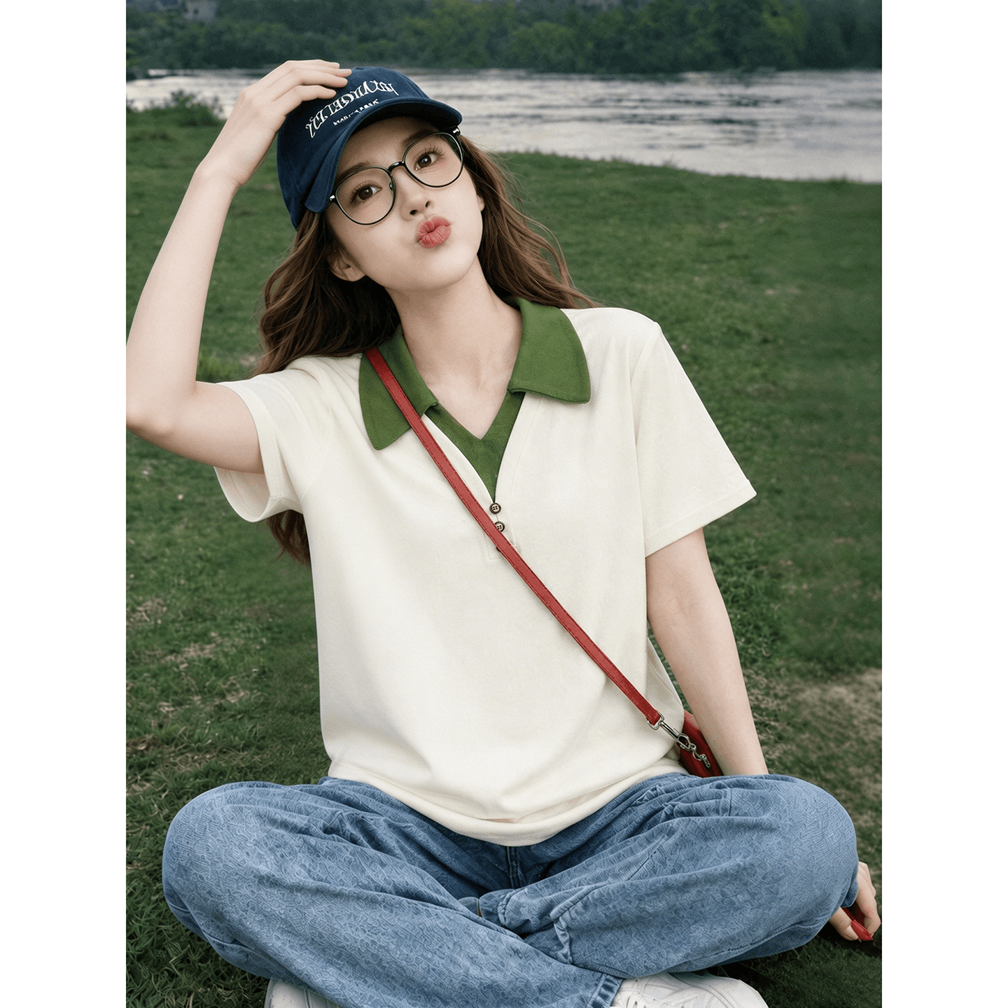 순면 리브 반팔 티셔츠 여성 여름 새로운 배색 페이크 레이어드 단추 루즈핏 polo 맨위 상세 이미지 3