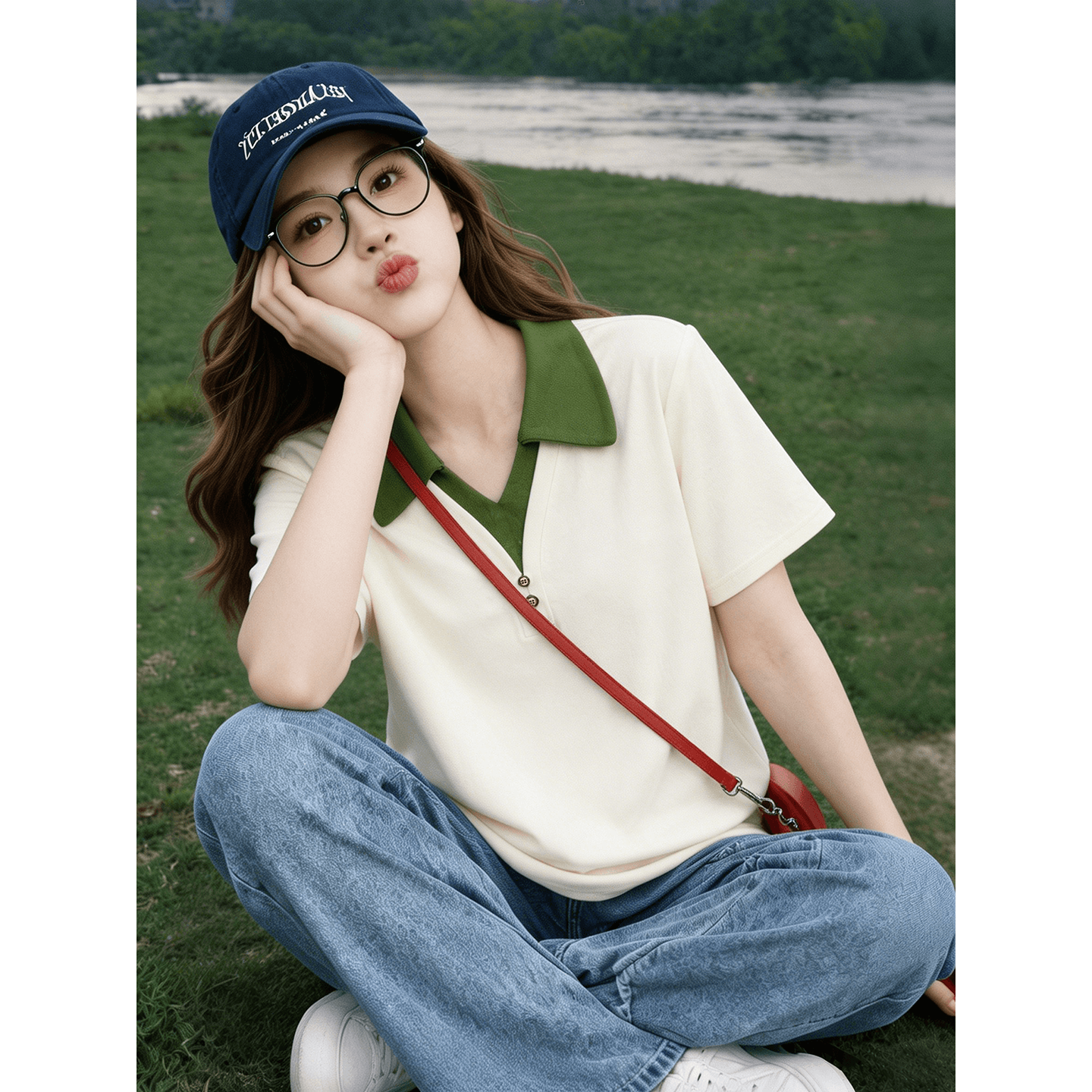 순면 리브 반팔 티셔츠 여성 여름 새로운 배색 페이크 레이어드 단추 루즈핏 polo 맨위 상세 이미지 4