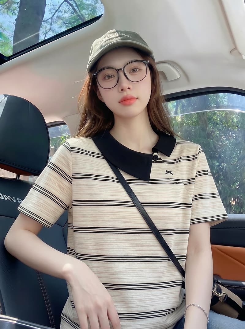 반팔 티셔츠 여성 의류 여름 새로운 트렌디 한 부서 디자인 센스 레트로 스트라이프 불규칙 칼라 맨위 이미지 2