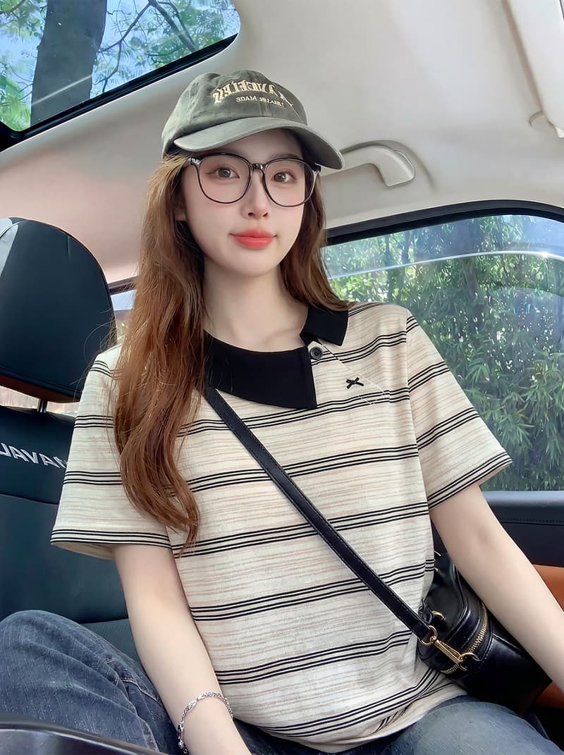 반팔 티셔츠 여성 의류 여름 새로운 트렌디 한 부서 디자인 센스 레트로 스트라이프 불규칙 칼라 맨위 상세 이미지 9
