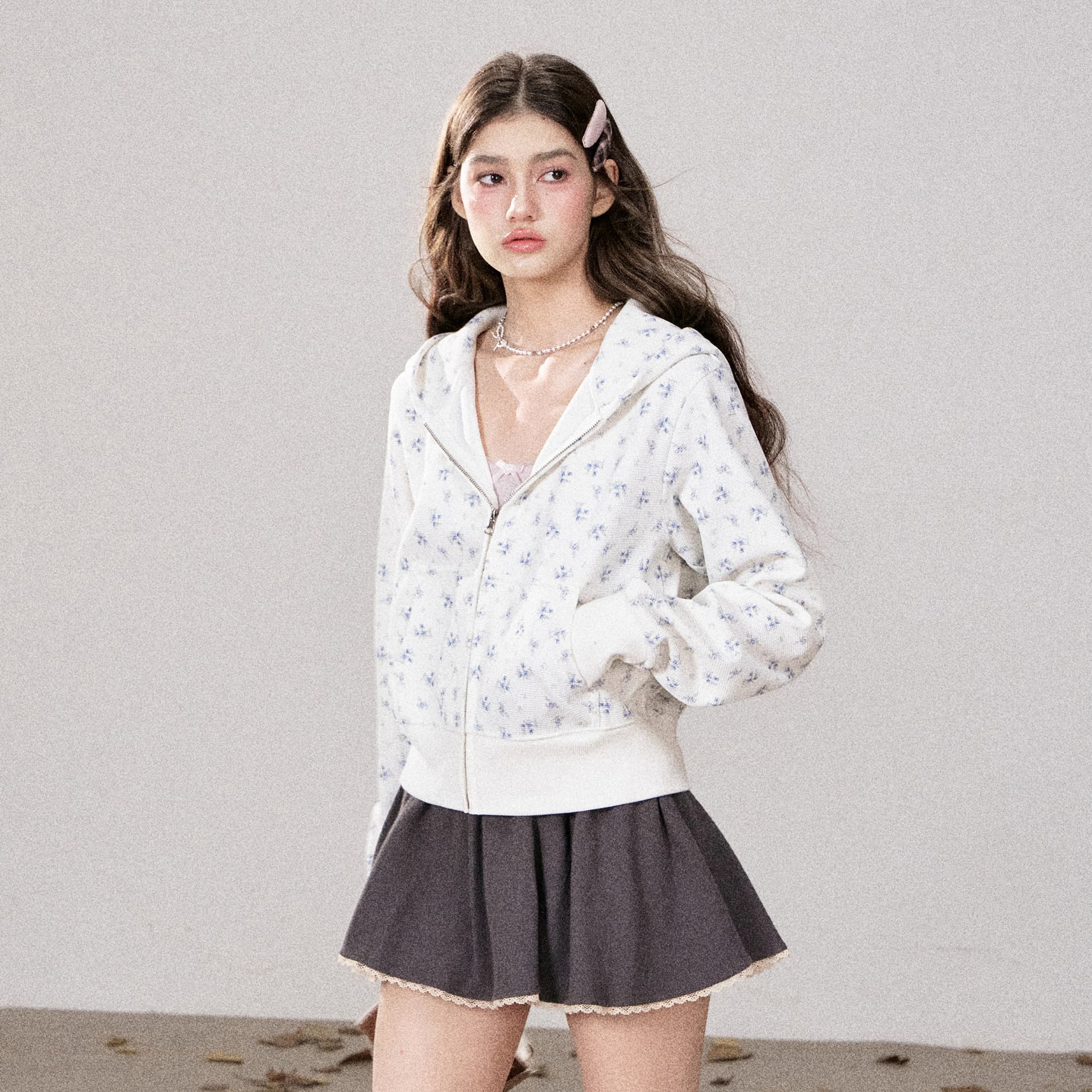 후아 남편 그리드 복합 우유 실크 380 그램 짧은 외투 후드티 여성 의류 봄 가을 지퍼 오픈 가디건 맨위 상세 이미지 2