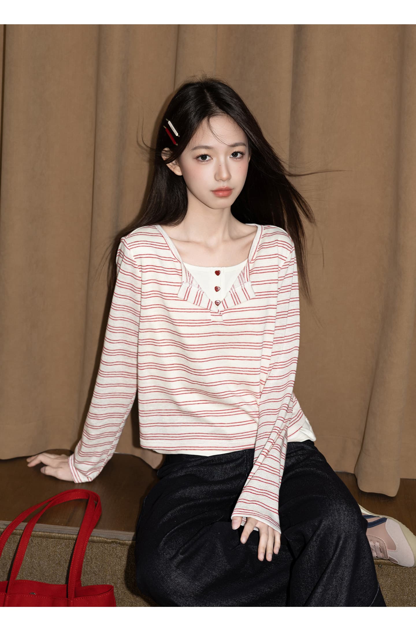 눈꽃 면 스트라이프 긴팔 티셔츠 기본 셔츠 여성 페이크 레이어드 아메리칸 스트라이프 봄 가을 새로운 맨위 상세 이미지 10