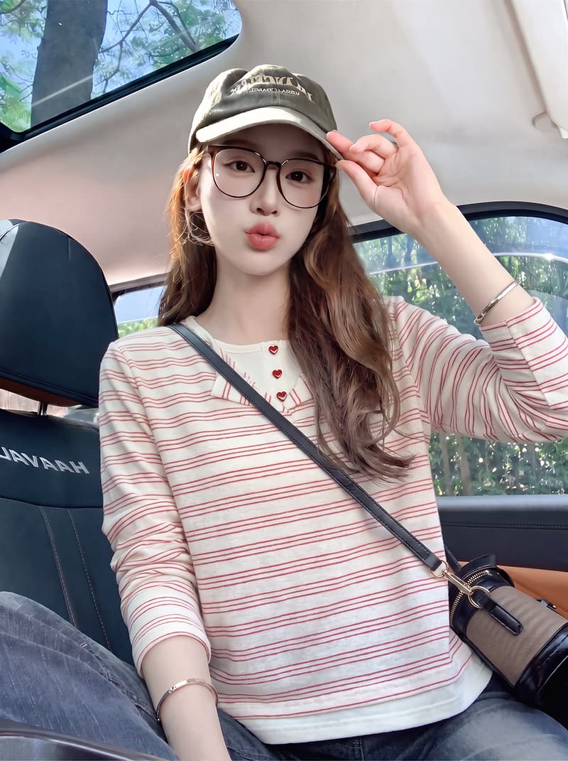 눈꽃 면 스트라이프 긴팔 티셔츠 기본 셔츠 여성 페이크 레이어드 아메리칸 스트라이프 봄 가을 새로운 맨위 이미지 4