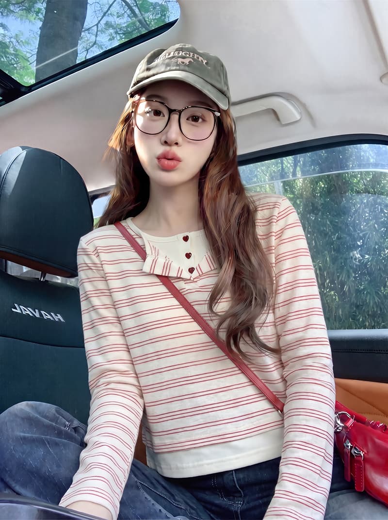 눈꽃 면 스트라이프 긴팔 티셔츠 기본 셔츠 여성 페이크 레이어드 아메리칸 스트라이프 봄 가을 새로운 맨위 상세 이미지 5