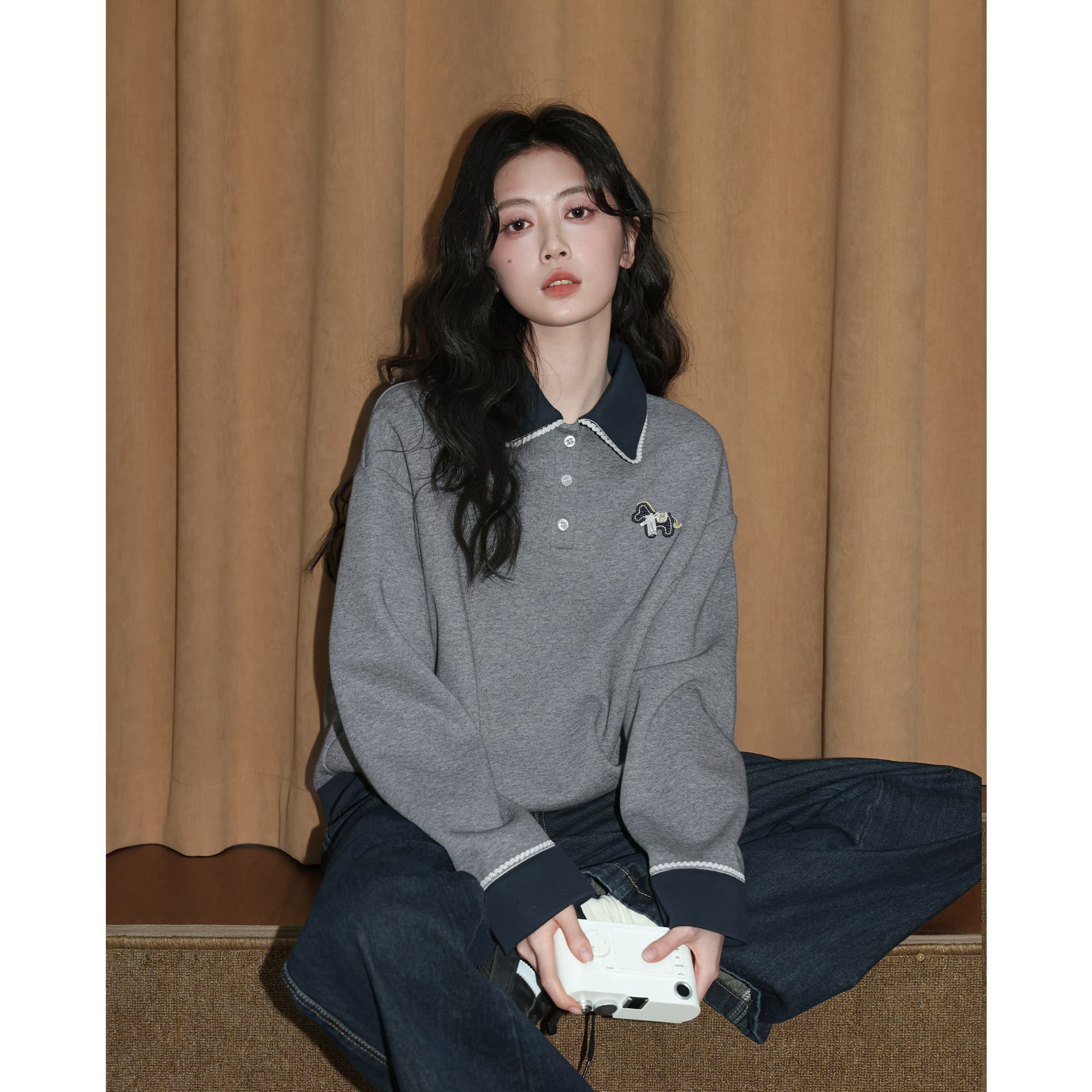 얇은 스타일 후드티 여성 의류 봄 가을 새로운 트렌디 루즈핏 만화 자수 레이스 POLO 칼라 새로운 맨위 상세 이미지 2