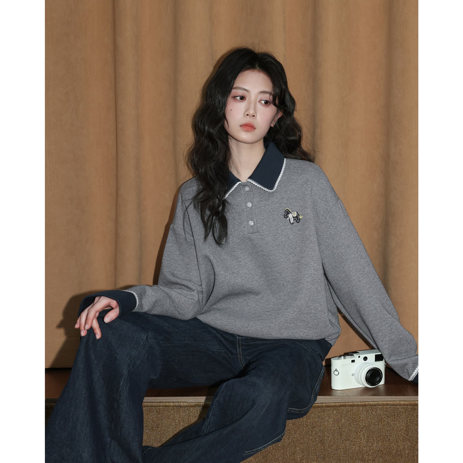 얇은 스타일 후드티 여성 의류 봄 가을 새로운 트렌디 루즈핏 만화 자수 레이스 POLO 칼라 새로운 맨위 상세 이미지 6