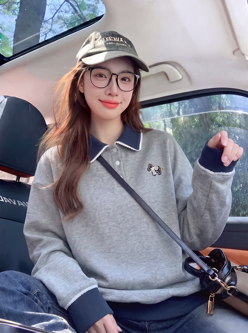 얇은 스타일 후드티 여성 의류 봄 가을 새로운 트렌디 루즈핏 만화 자수 레이스 POLO 칼라 새로운 맨위 이미지 3