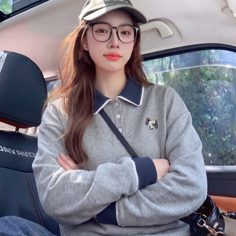 얇은 스타일 후드티 여성 의류 봄 가을 새로운 트렌디 루즈핏 만화 자수 레이스 POLO 칼라 새로운 맨위 이미지 5