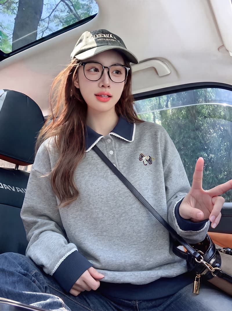 얇은 스타일 후드티 여성 의류 봄 가을 새로운 트렌디 루즈핏 만화 자수 레이스 POLO 칼라 새로운 맨위 상세 이미지 9