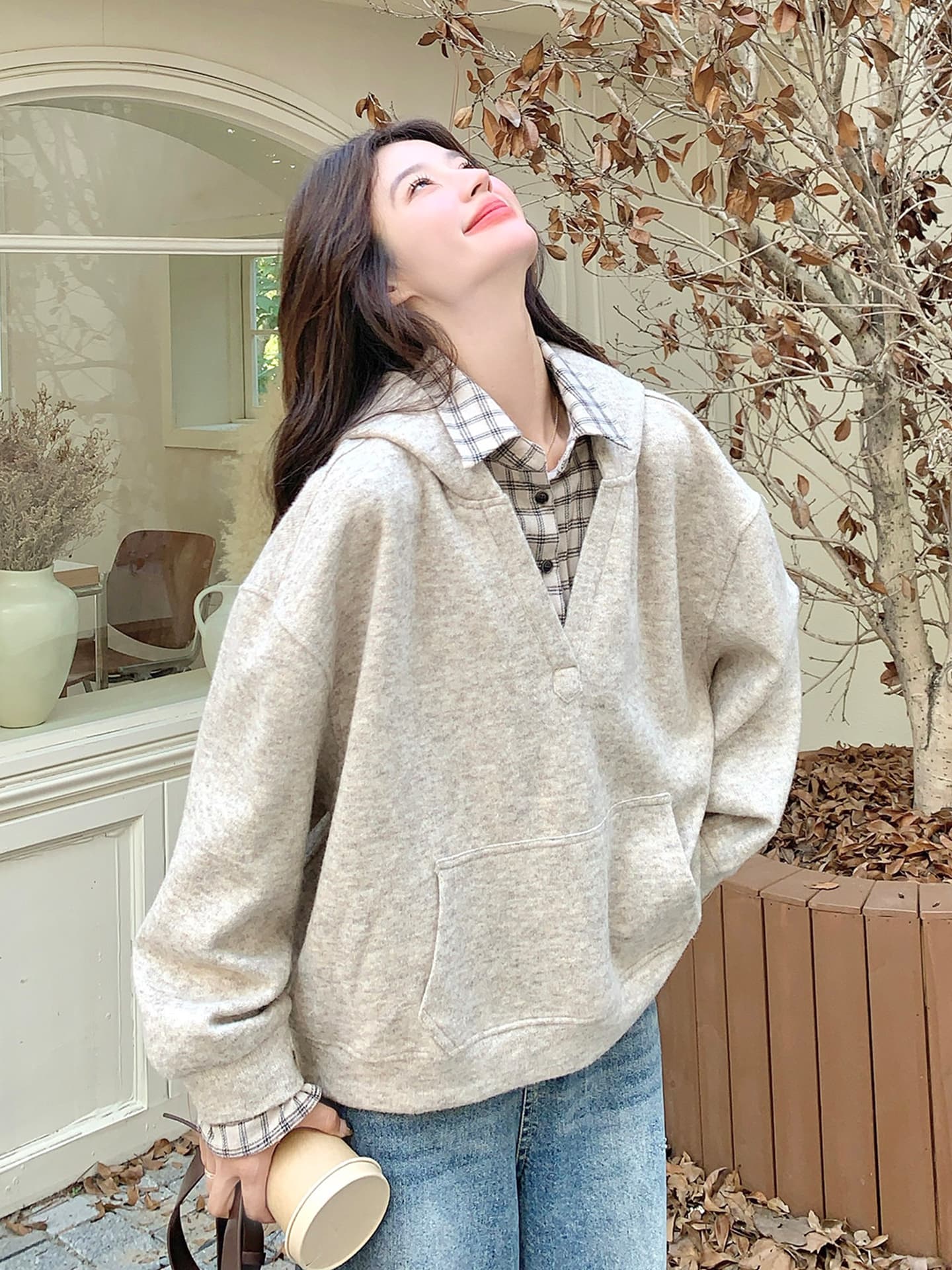 경관 그림 특별 가격 양모 복합 우유 실크 360 그램 얇은 스타일 후드티 봄 가을 패치워크 페이크 레이어드 POLO 칼라 맨위