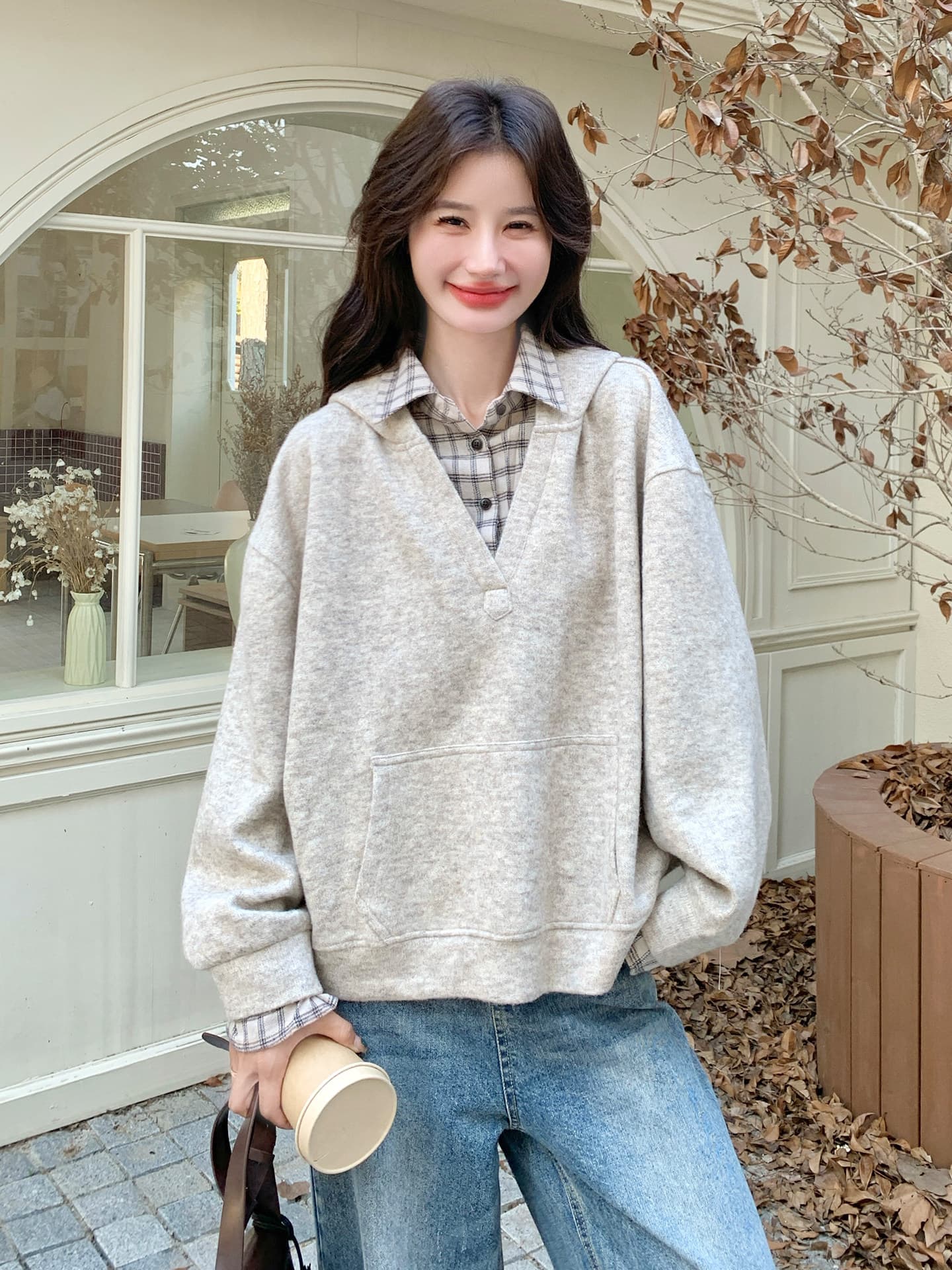 경관 그림 특별 가격 양모 복합 우유 실크 360 그램 얇은 스타일 후드티 봄 가을 패치워크 페이크 레이어드 POLO 칼라 맨위 상세 이미지 26