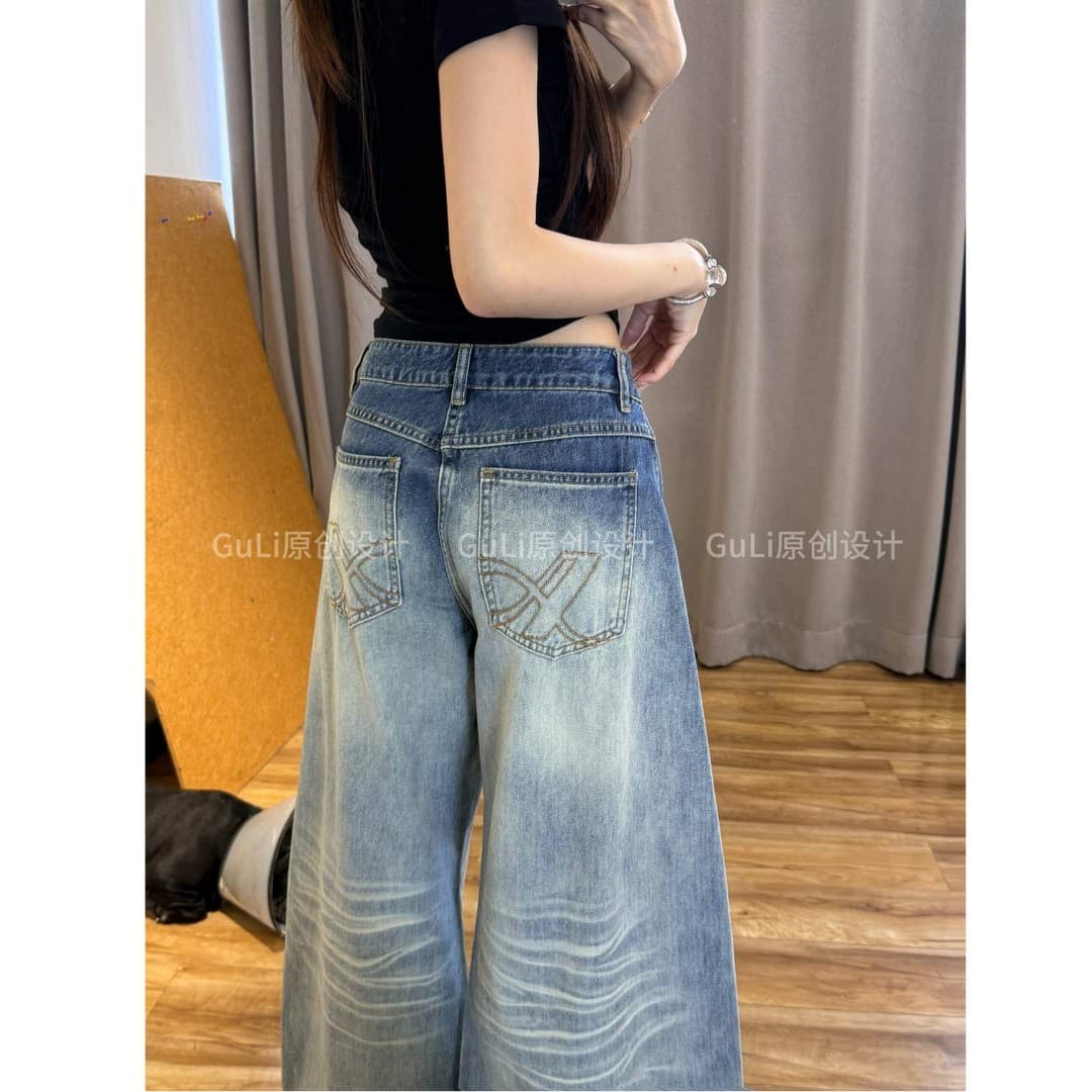워싱 높음 거리 작은 대중 모통이 칼 청바지 여성 의류 봄 가을 루즈핏 스트레이트 넓은 다리 하이웨이스트 캐주얼 바지 이미지 2