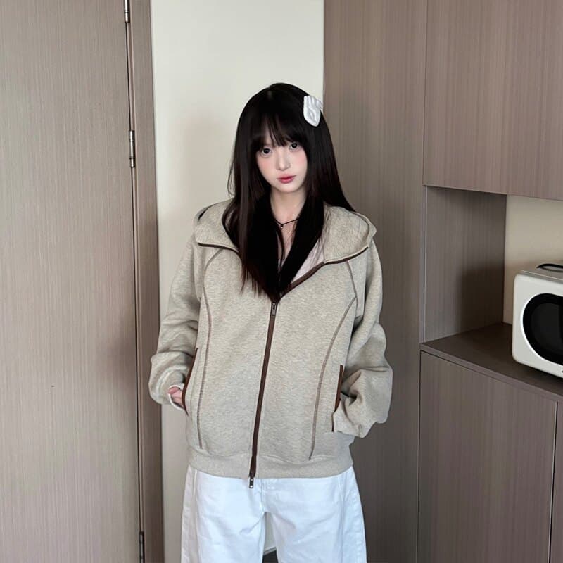 경관 그림 특별 가격 빅 사이즈 여성 의류 200 kg 얇은 후드티 여성 의류 봄 가을 명시적 스티치 장식 지퍼 카디건 코트 맨위 상세 이미지 7