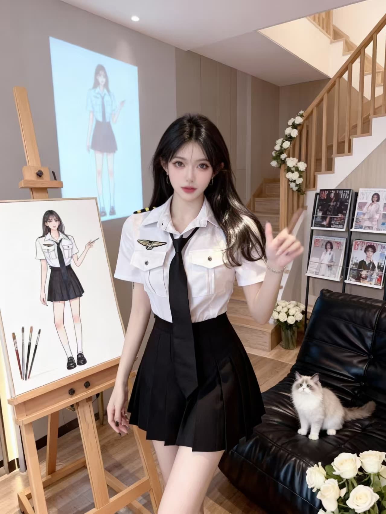 유니폼 세트 여성 여름 나이트 클럽 바 작업복 해군 스타일 비즈니스웨어 반팔 넥타이 셔츠 세트 상세 이미지 12