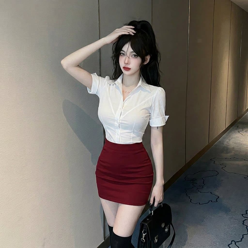 호텔 프론트 데스크 유니폼 세트 발 욕조 기술자 작업복 섹시함 허리 수축 흰 셔츠 와인 빨간색 타이트 스커트 비즈니스웨어 상세 이미지 1