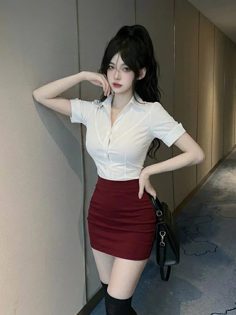 호텔 프론트 데스크 유니폼 세트 발 욕조 기술자 작업복 섹시함 허리 수축 흰 셔츠 와인 빨간색 타이트 스커트 비즈니스웨어 상세 이미지 7