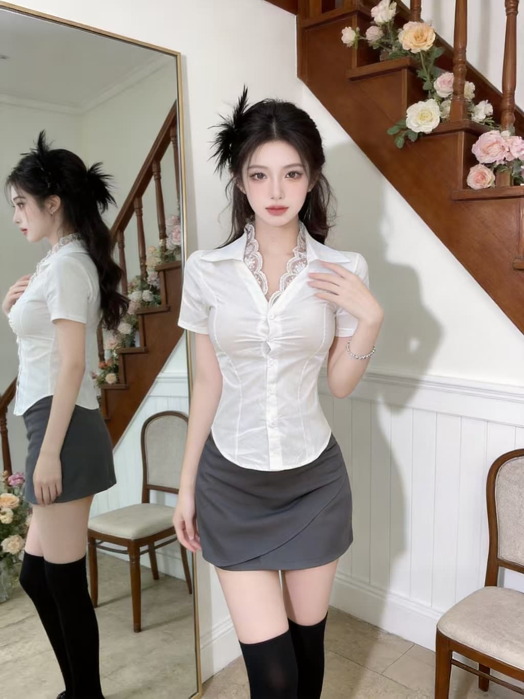 로얄 자매 바람 섹시함 V넥 레이스 조각 검정색 허리 수축 셔츠 세트 여성 여름 몸매 가꾸기 슬림해 보이는 품격 투피스 세트 이미지 2