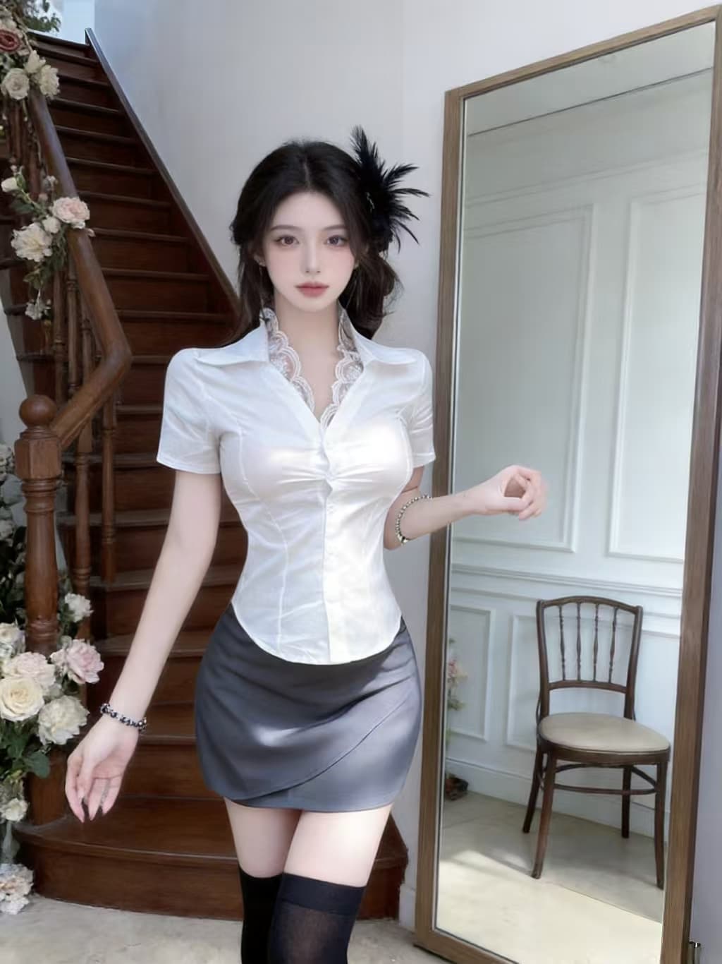 로얄 자매 바람 섹시함 V넥 레이스 조각 검정색 허리 수축 셔츠 세트 여성 여름 몸매 가꾸기 슬림해 보이는 품격 투피스 세트 상세 이미지 4