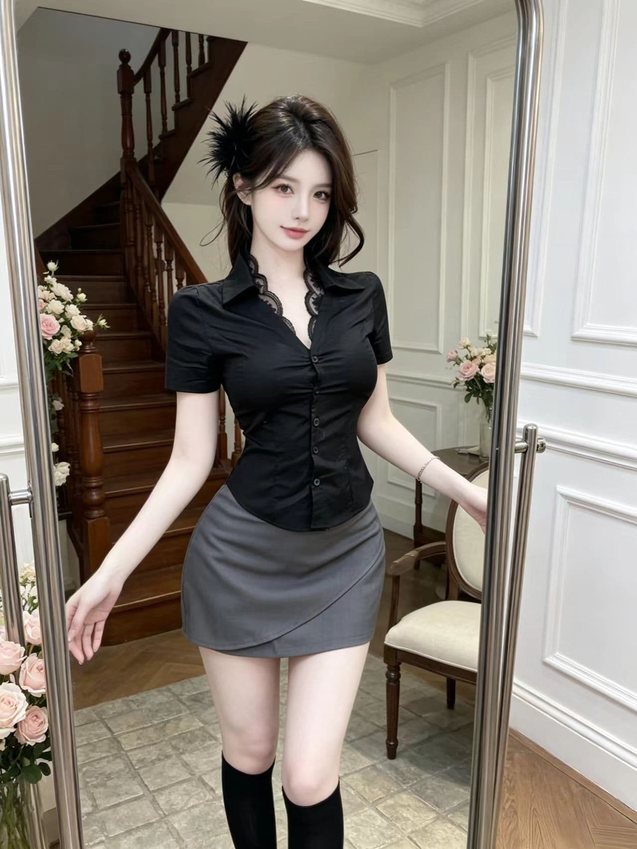 레이스 레이스 V넥 반팔 여성 셔츠 여름 비즈니스웨어 화이트 셔츠 섹시함 품격 허리 수축 맨위 세트 이미지 3