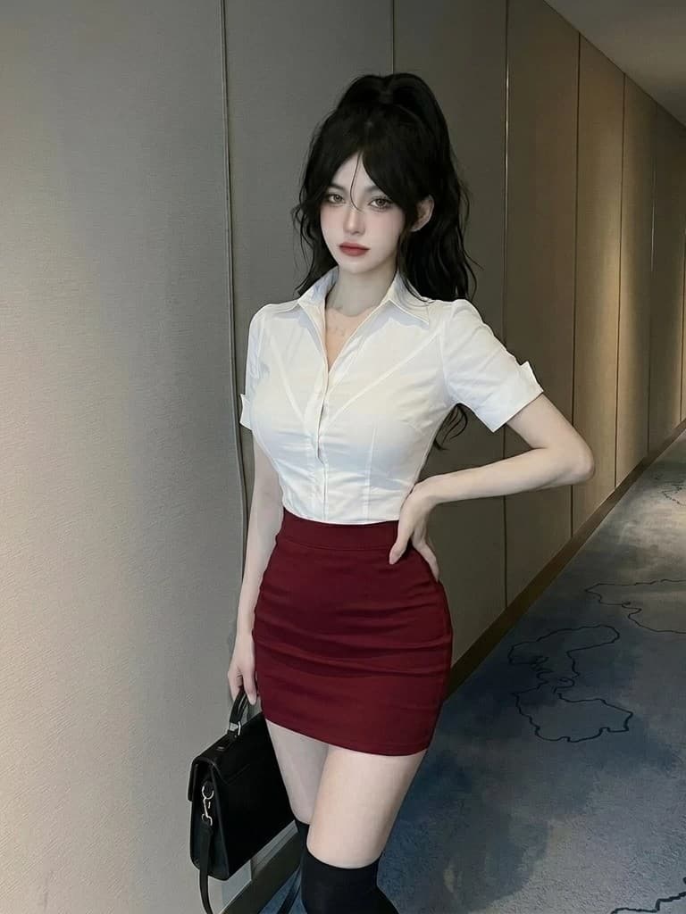 섹시함 로얄 자매 팬 허리 수축 반팔 블랙 셔츠 여신 셔츠 타이트 스커트 유니폼 세트 바 호텔 비즈니스웨어 상세 이미지 10