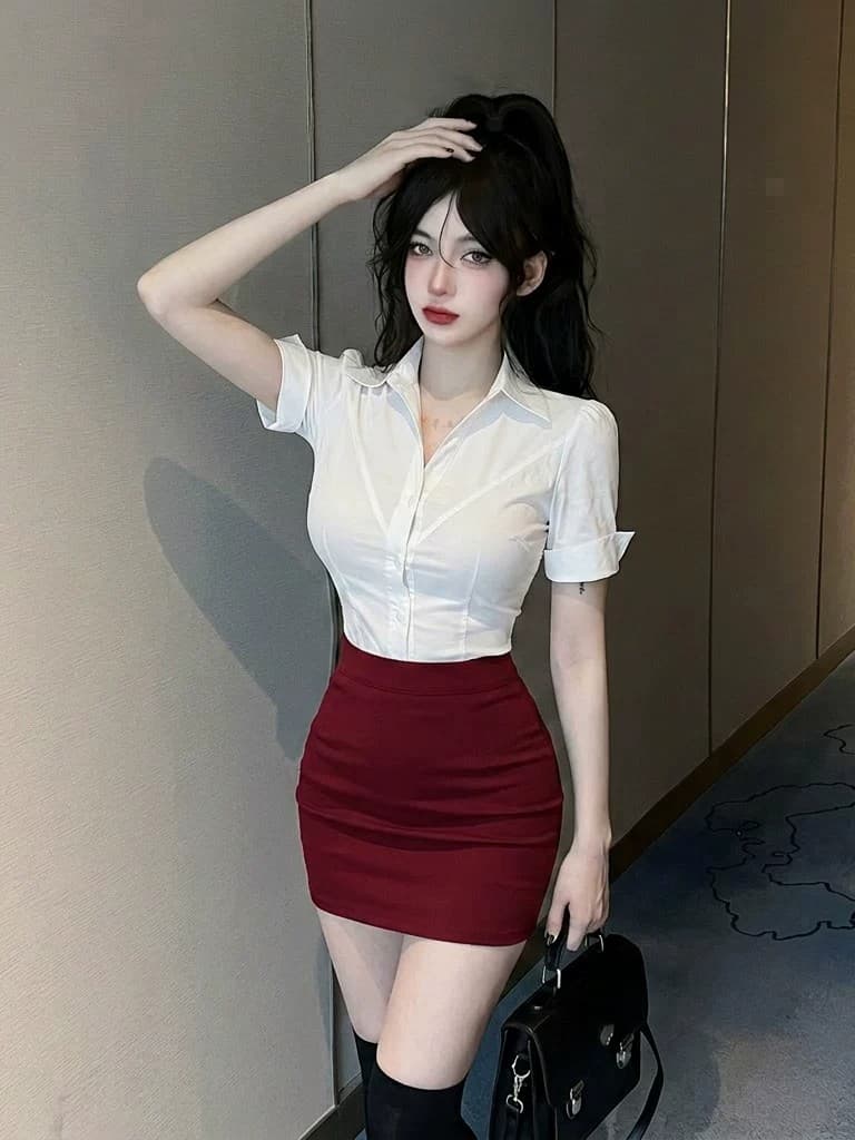 섹시함 로얄 자매 팬 허리 수축 반팔 블랙 셔츠 여신 셔츠 타이트 스커트 유니폼 세트 바 호텔 비즈니스웨어 상세 이미지 13