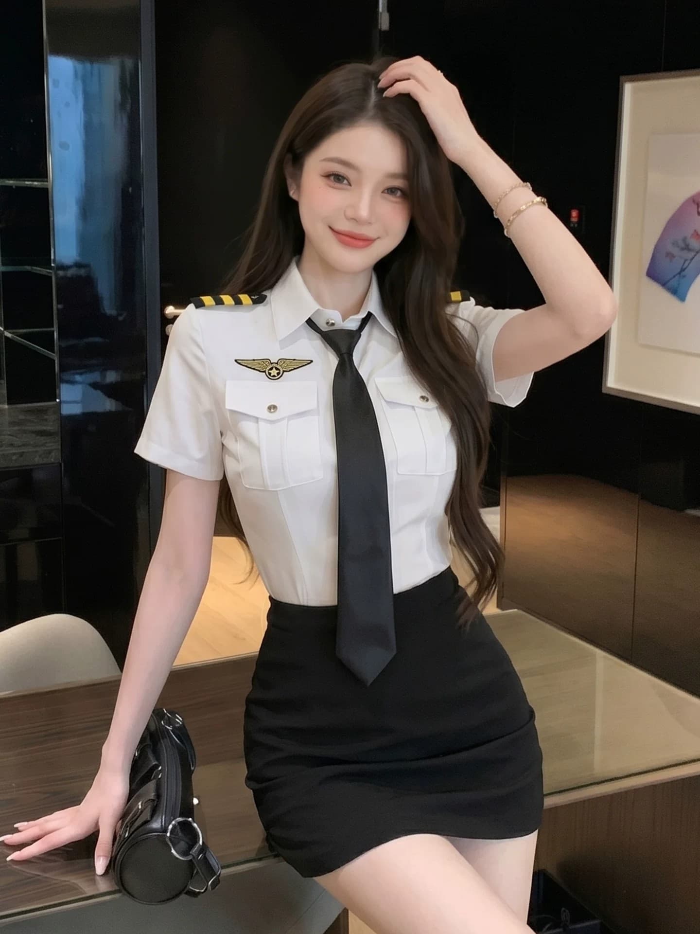 섹시함 항공 여주인 유니폼 POLO 칼라 반팔 여성 셔츠 여름 새로운 하이웨이스트 타이트 스커트 미니 스커트 작업복 투피스 세트