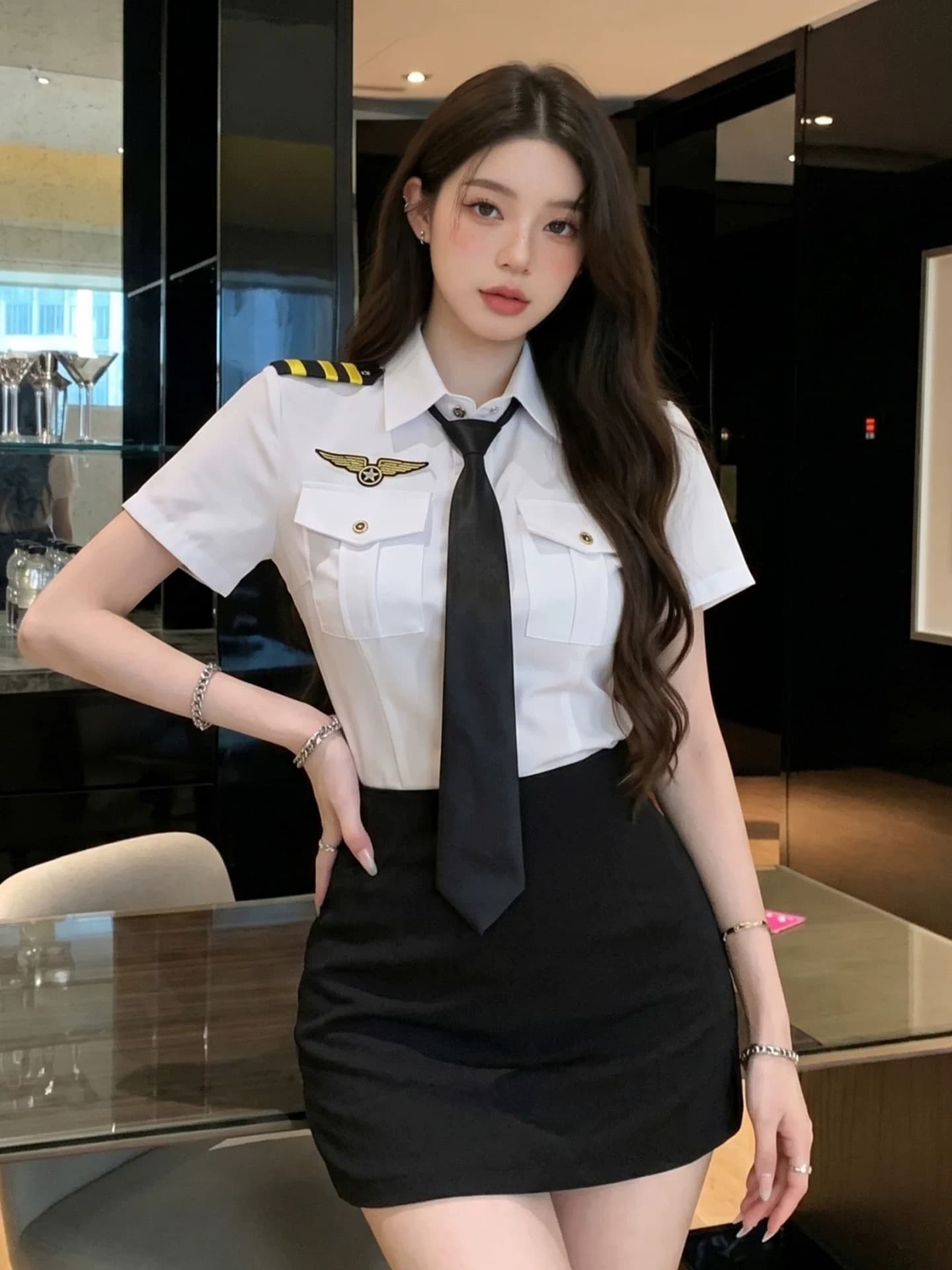 섹시함 항공 여주인 유니폼 POLO 칼라 반팔 여성 셔츠 여름 새로운 하이웨이스트 타이트 스커트 미니 스커트 작업복 투피스 세트 이미지 2