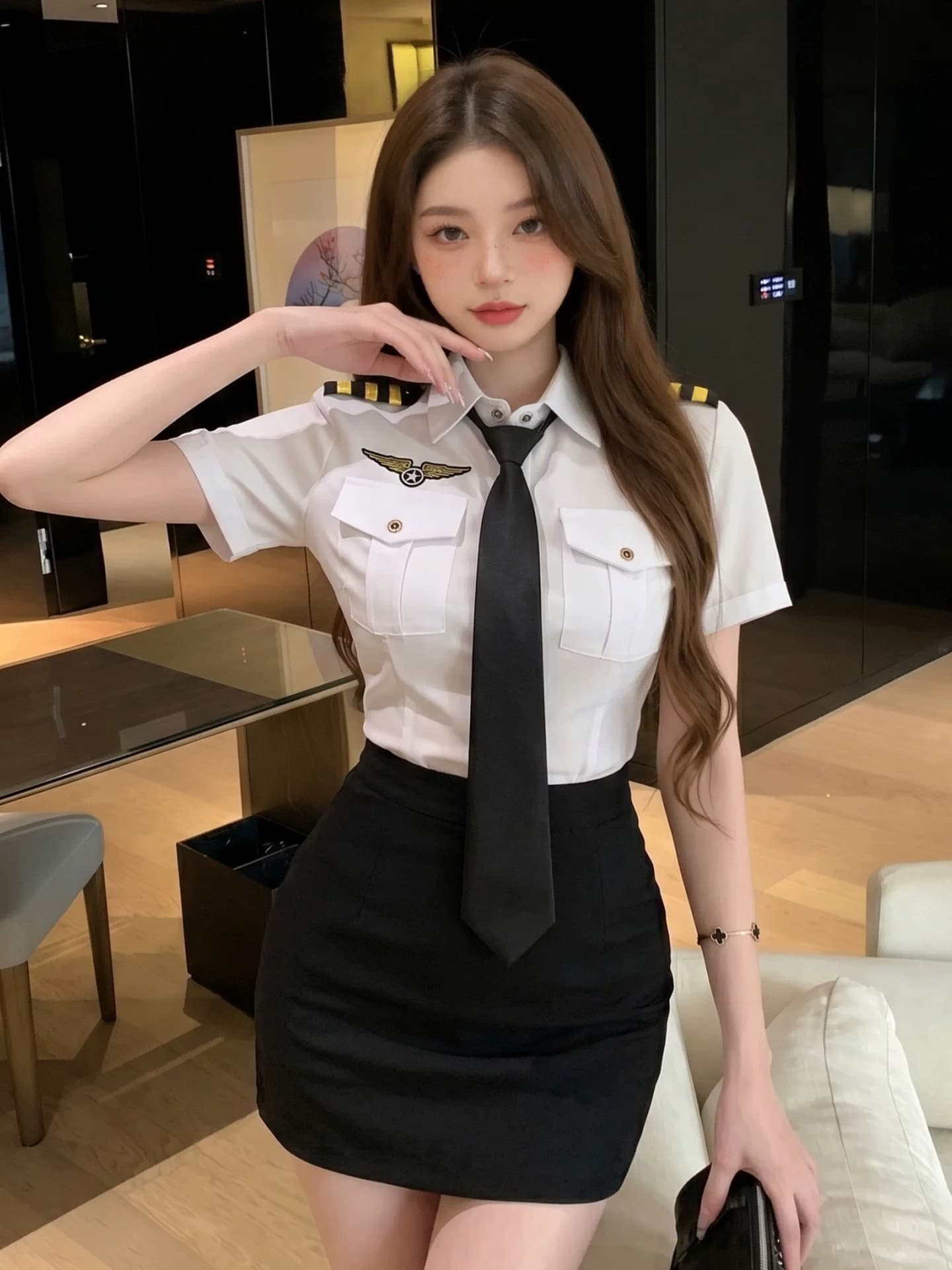 섹시함 항공 여주인 유니폼 POLO 칼라 반팔 여성 셔츠 여름 새로운 하이웨이스트 타이트 스커트 미니 스커트 작업복 투피스 세트 이미지 4