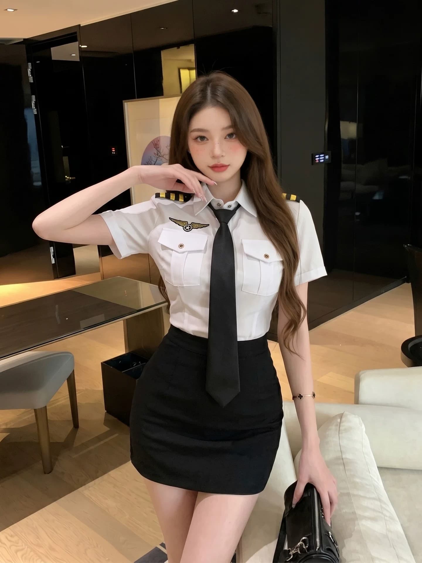 섹시함 항공 여주인 유니폼 POLO 칼라 반팔 여성 셔츠 여름 새로운 하이웨이스트 타이트 스커트 미니 스커트 작업복 투피스 세트 상세 이미지 10