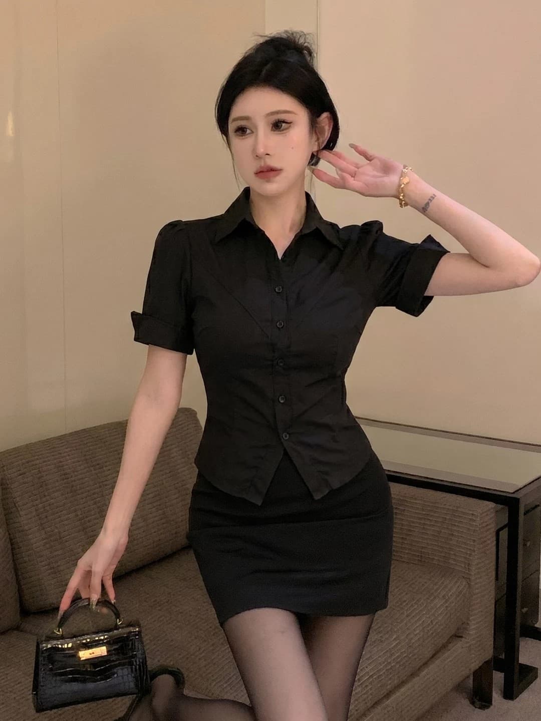 발 욕조 기술자 작업복 블랙 여성 셔츠 섹시함 순수한 욕망 로얄 자매 바람 당구 조교 ol 유니폼 타이트 스커트 치마 세트 상세 이미지 1