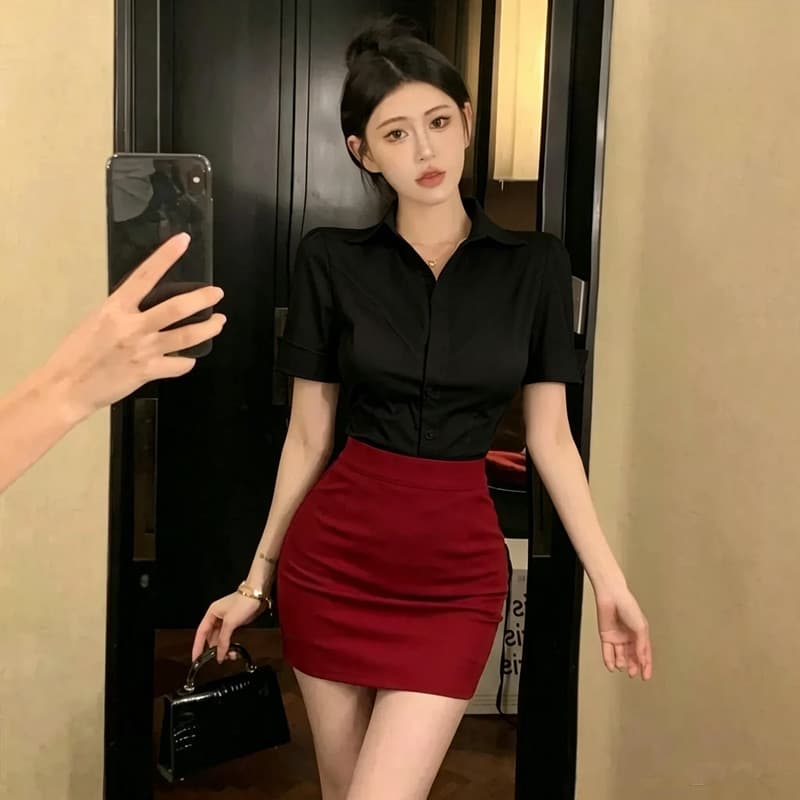 검정색 허리 수축 반팔 여성 셔츠 섹시함 타이트 타이트 스커트 호텔 프론트 데스크 비서 ol 유니폼 작업복 세트 상세 이미지 1