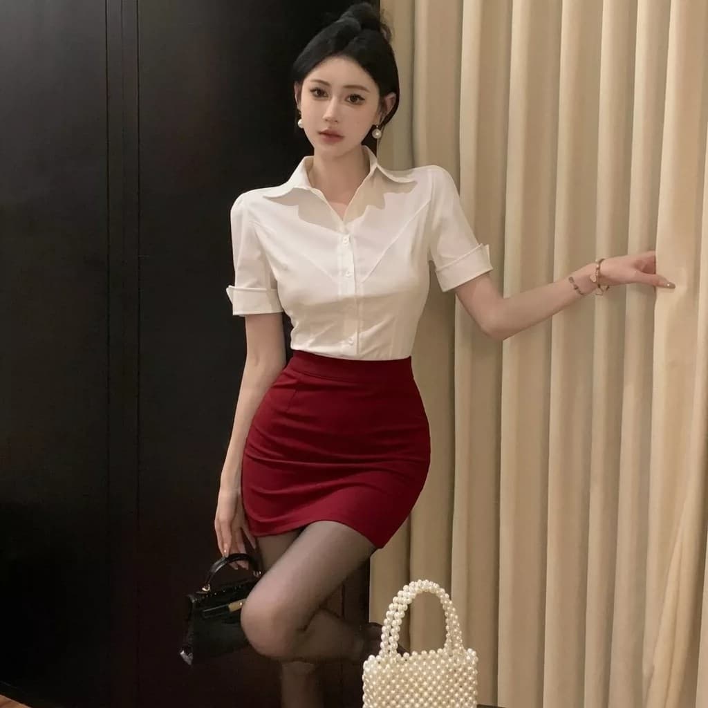 검정색 허리 수축 반팔 여성 셔츠 섹시함 타이트 타이트 스커트 호텔 프론트 데스크 비서 ol 유니폼 작업복 세트 상세 이미지 5