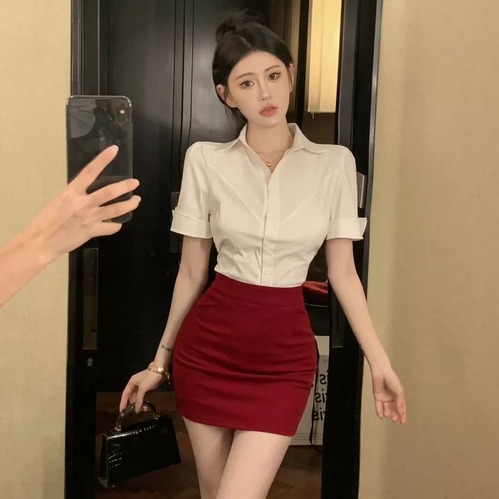 검정색 허리 수축 반팔 여성 셔츠 섹시함 타이트 타이트 스커트 호텔 프론트 데스크 비서 ol 유니폼 작업복 세트 상세 이미지 7