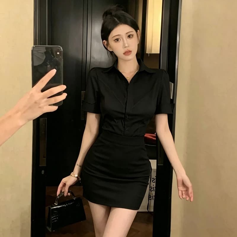 검정색 허리 수축 반팔 여성 셔츠 섹시함 타이트 타이트 스커트 호텔 프론트 데스크 비서 ol 유니폼 작업복 세트 상세 이미지 10