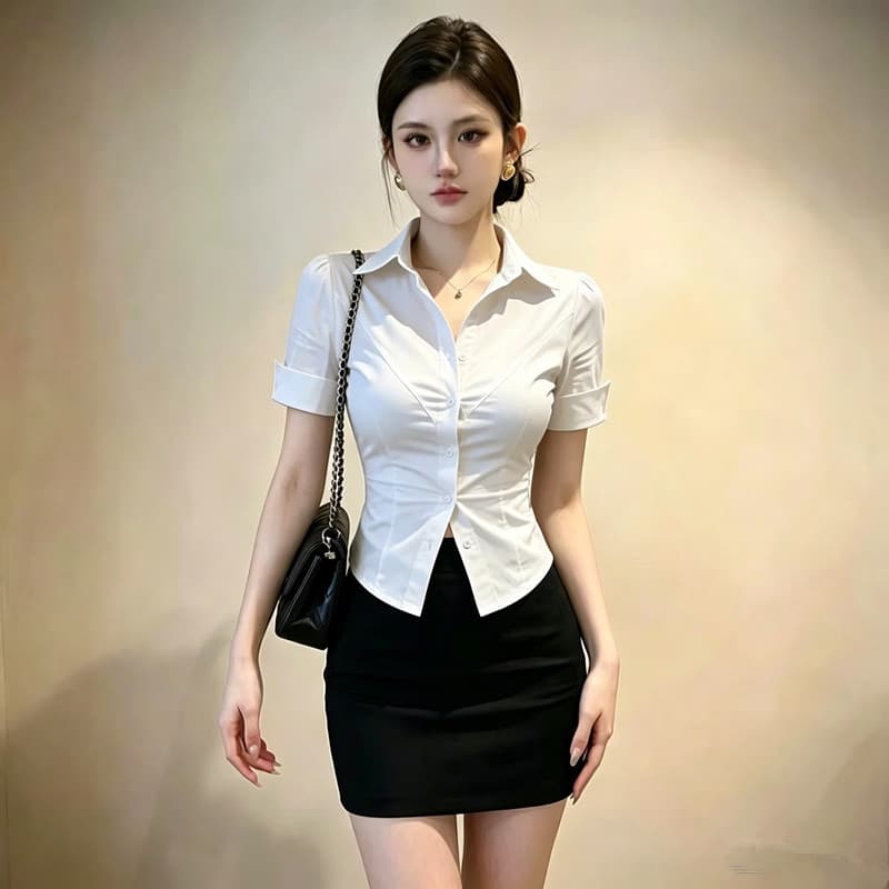 밤 본사 섹시함 드레스 연령 감소 면접 화이트 여성 셔츠 경력 긍정적 인 로드 중 타이트 스커트 발 욕조 기술자 작업복 상세 이미지 3