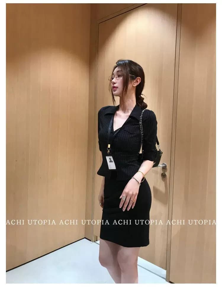 검정색 스트라이프 V넥 5 점 소매 여성 셔츠 섹시함 폴로 칼라 몸매 가꾸기 허리 수축 슬림해 보이는 맨위 타이트 스커트 치마 세트 상세 이미지 7