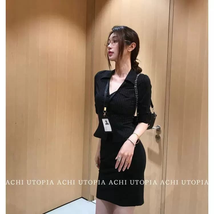 검정색 스트라이프 V넥 5 점 소매 여성 셔츠 섹시함 폴로 칼라 몸매 가꾸기 허리 수축 슬림해 보이는 맨위 타이트 스커트 치마 세트 상세 이미지 11