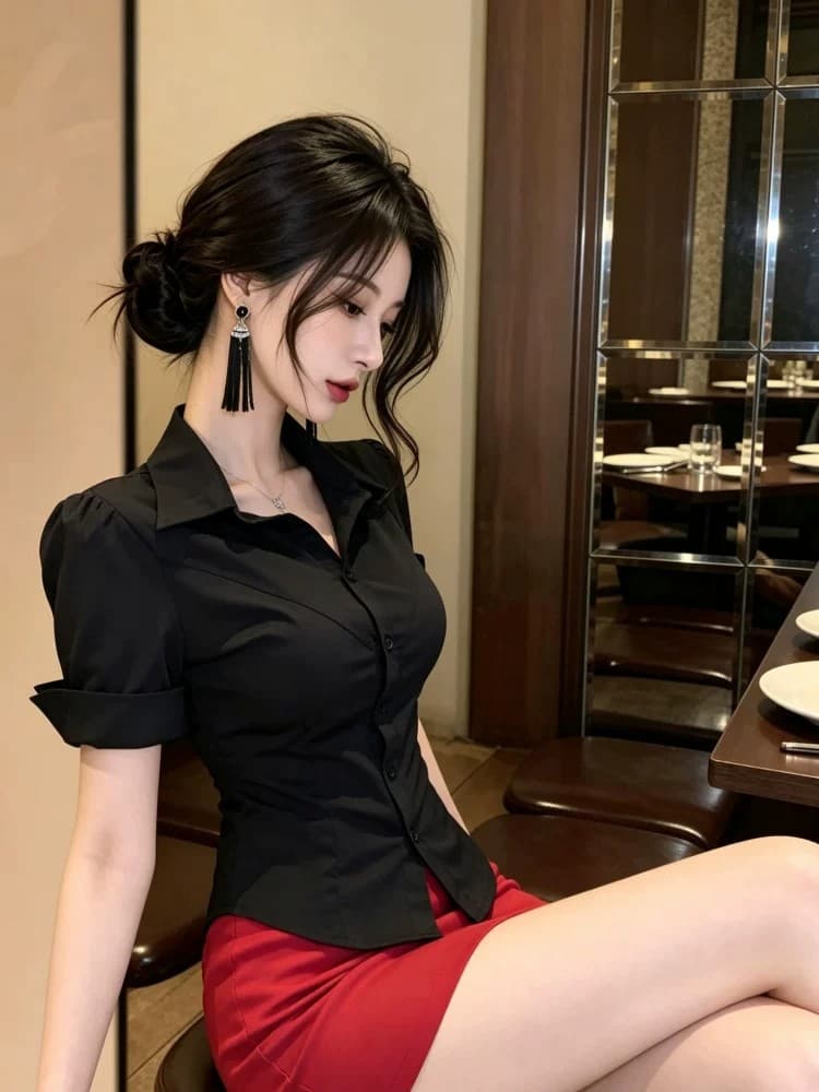 순수한 욕망 핫걸 화이트 오픈 가디건 POLO 칼라 여성 셔츠 디자인 센스 여름 고유 한 빨간색 타이트 스커트 미니 스커트 투피스 세트 상세 이미지 5