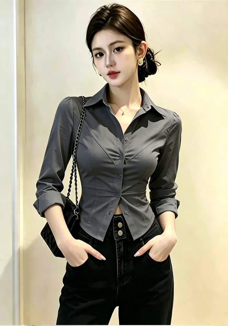 비즈니스웨어 유니폼 긴팔 여성 셔츠 봄 가을 순수한 욕망 바람 외국 가스 허리 수축 셔츠 사업 수정 로드 중 작업복 맨위 상세 이미지 12
