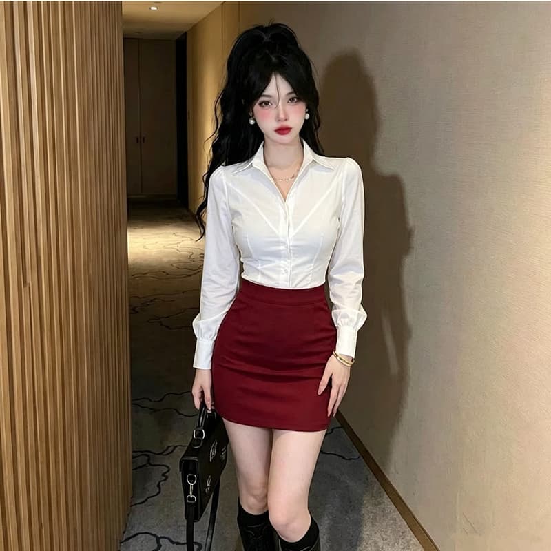 밤 본사 섹시함 드레스 연령 감소 흰 셔츠 블랙 타이트 스커트 경력 세트 품격 발 욕조 기술자 작업복 이미지 2