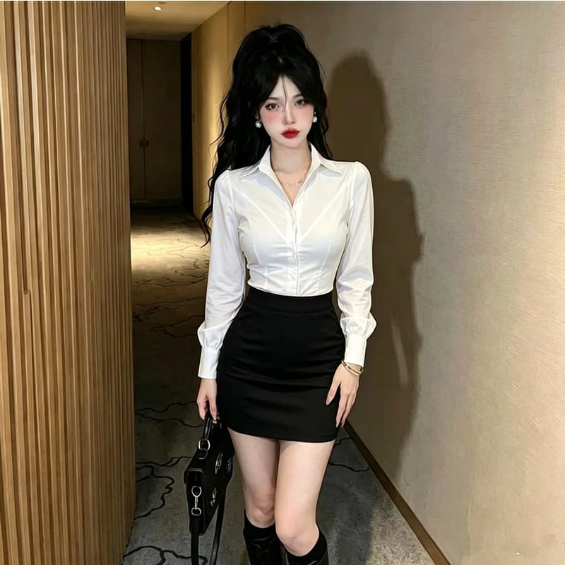 밤 본사 섹시함 드레스 연령 감소 흰 셔츠 블랙 타이트 스커트 경력 세트 품격 발 욕조 기술자 작업복 이미지 3