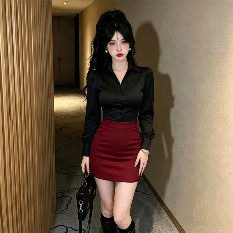 밤 본사 섹시함 드레스 연령 감소 흰 셔츠 블랙 타이트 스커트 경력 세트 품격 발 욕조 기술자 작업복 이미지 4