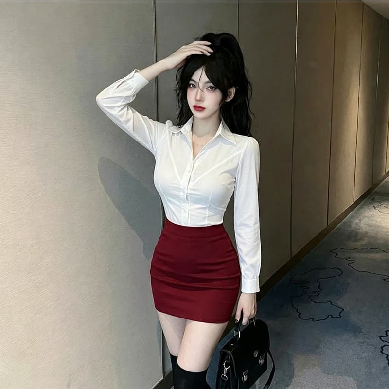 밤 본사 섹시함 드레스 연령 감소 흰 셔츠 블랙 타이트 스커트 경력 세트 품격 발 욕조 기술자 작업복