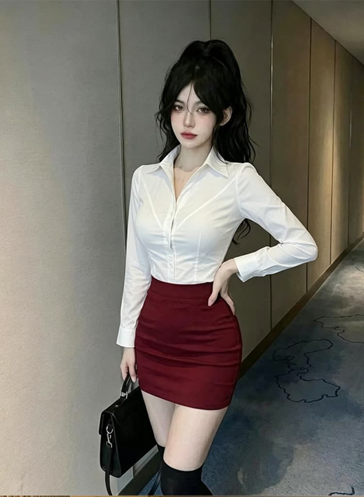 밤 본사 섹시함 드레스 연령 감소 흰 셔츠 블랙 타이트 스커트 경력 세트 품격 발 욕조 기술자 작업복 상세 이미지 2