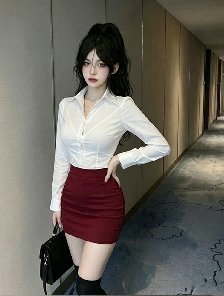 밤 본사 섹시함 드레스 연령 감소 흰 셔츠 블랙 타이트 스커트 경력 세트 품격 발 욕조 기술자 작업복 상세 이미지 6