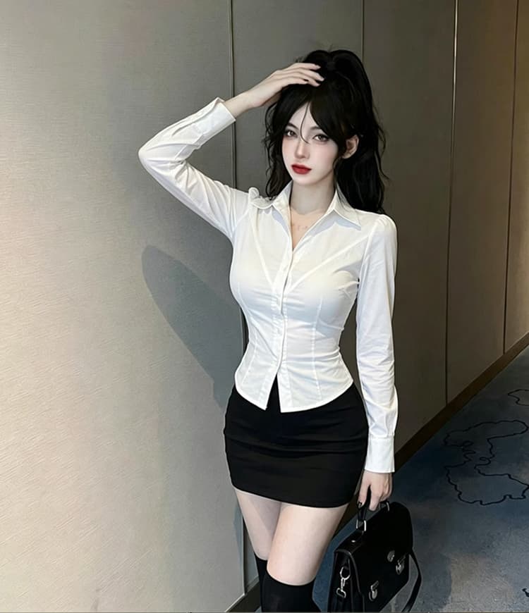 밤 본사 섹시함 드레스 연령 감소 흰 셔츠 블랙 타이트 스커트 경력 세트 품격 발 욕조 기술자 작업복 상세 이미지 10