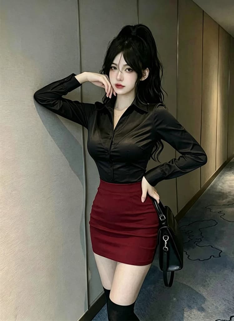 밤 본사 섹시함 드레스 연령 감소 흰 셔츠 블랙 타이트 스커트 경력 세트 품격 발 욕조 기술자 작업복 상세 이미지 14