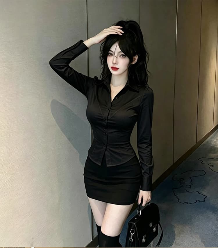 밤 본사 섹시함 드레스 연령 감소 흰 셔츠 블랙 타이트 스커트 경력 세트 품격 발 욕조 기술자 작업복 상세 이미지 15