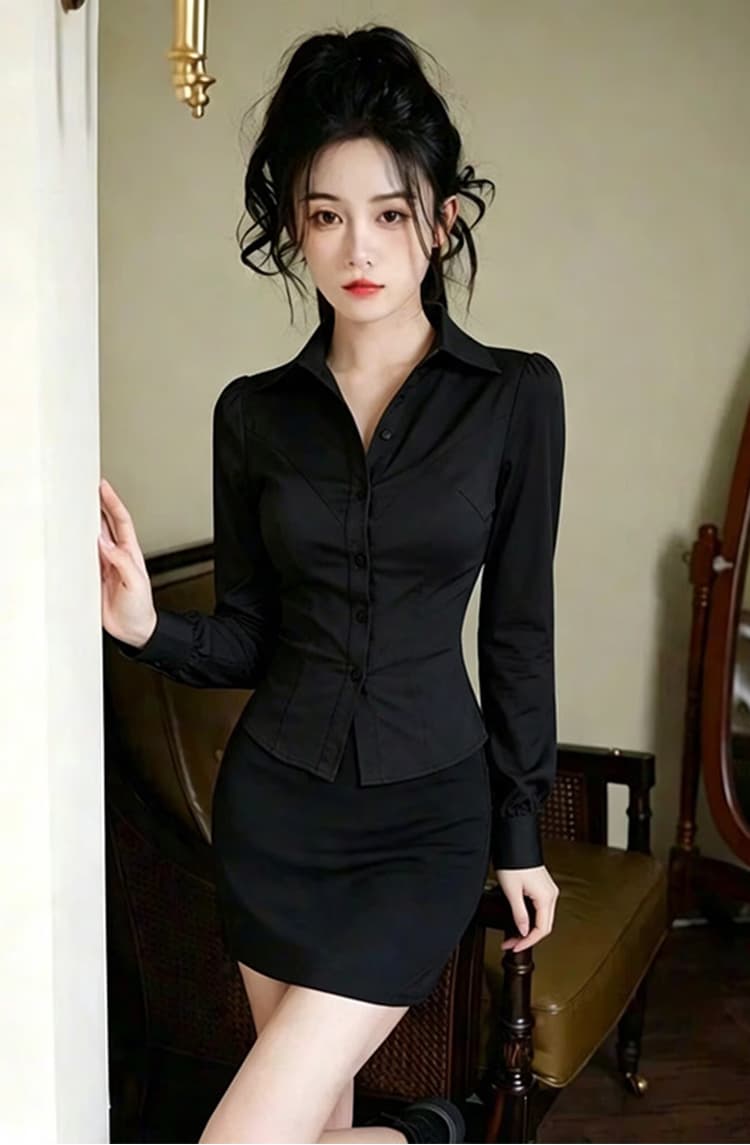 허리 수축 긴팔 흰 셔츠 여비서 ol 유니폼 경력 작업복 세트 가을 몸매 가꾸기 섹시함 검정색 타이트 스커트 상세 이미지 2