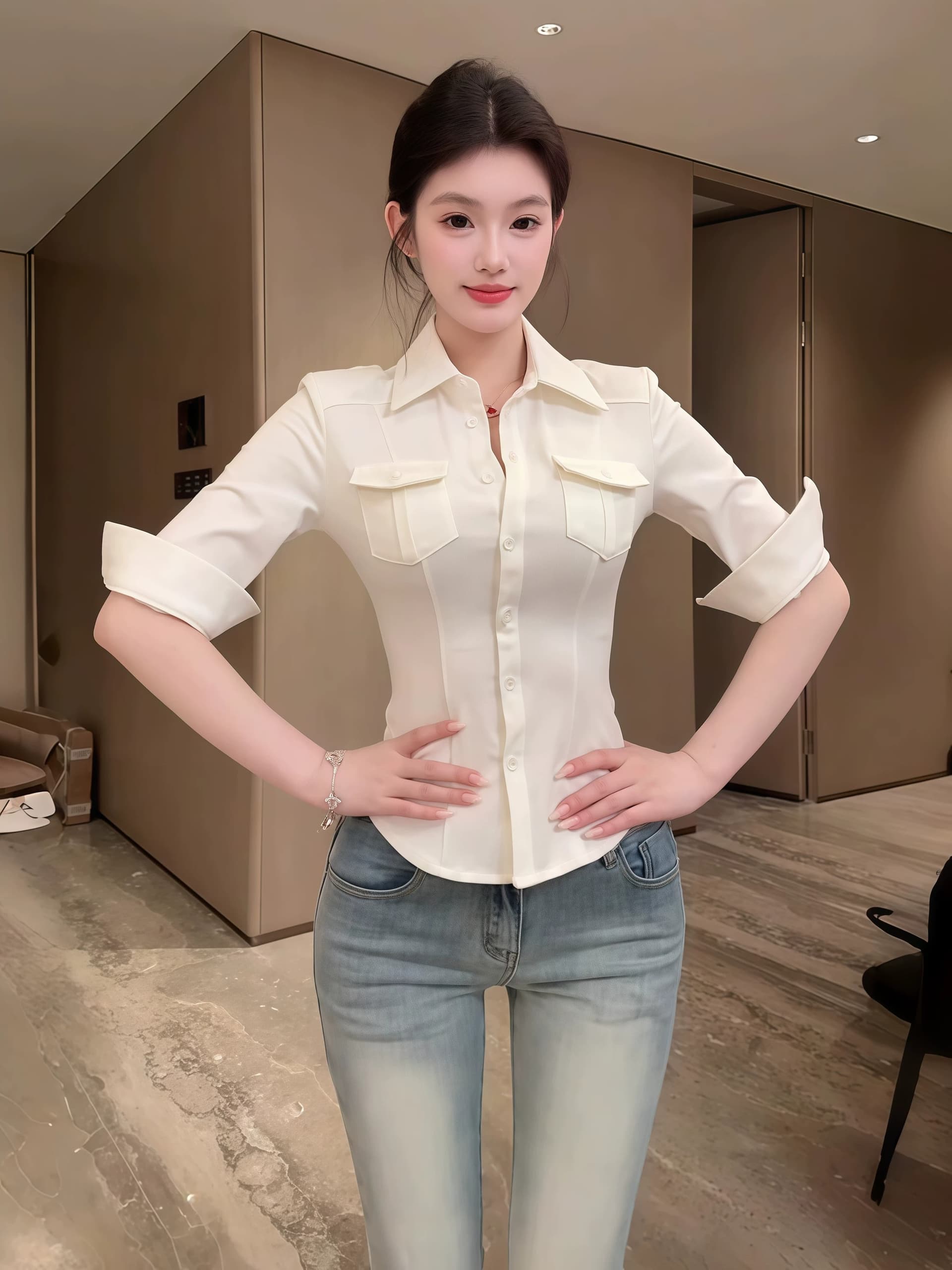 프랑스식 사소한 폴로 칼라 단추 중간 소매 허리 수축 셔츠 2026 여름 새로운 경력 몸매 가꾸기 슬림해 보이는 맨위 여성